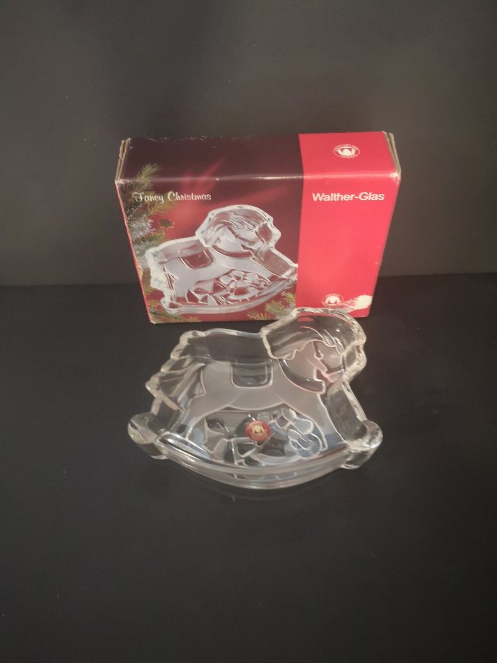 Walther-Glas Frosted & Clear Rocking Horse Shape Dish Made in Germany Christmas
